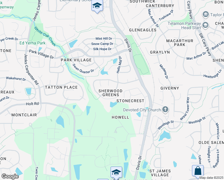 map of restaurants, bars, coffee shops, grocery stores, and more near 412 Halls Mill Drive in Cary