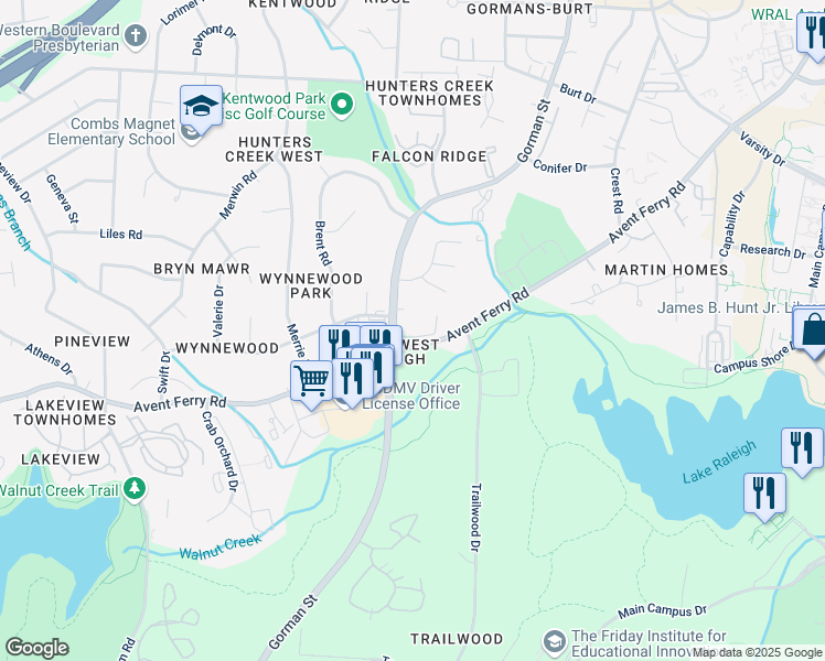 map of restaurants, bars, coffee shops, grocery stores, and more near 3144 Avent Ferry Road in Raleigh