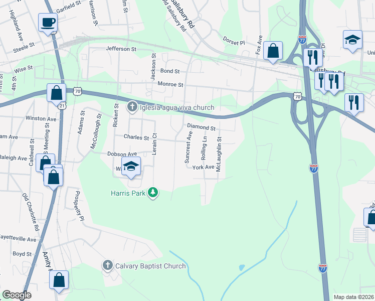 map of restaurants, bars, coffee shops, grocery stores, and more near 1216 Suncrest Avenue in Statesville