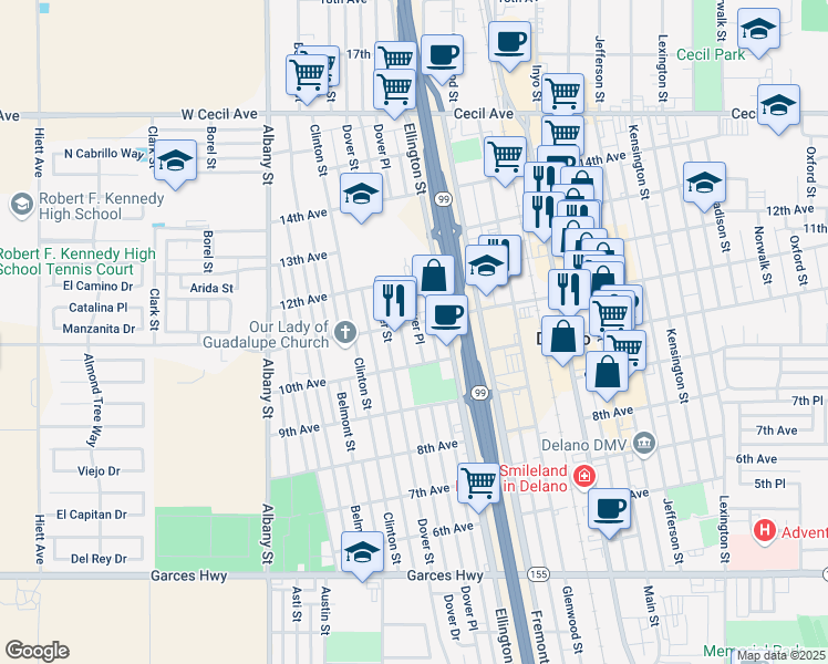 map of restaurants, bars, coffee shops, grocery stores, and more near 1027 Dover Place in Delano