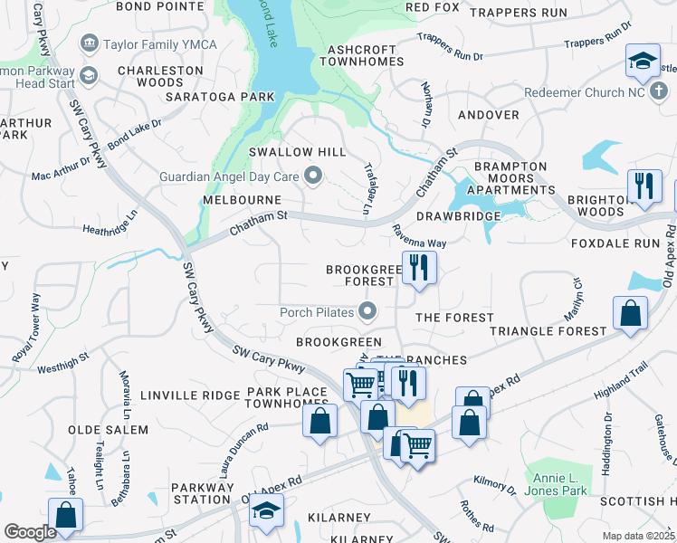 map of restaurants, bars, coffee shops, grocery stores, and more near 111 Laurel Branch Dr in Cary