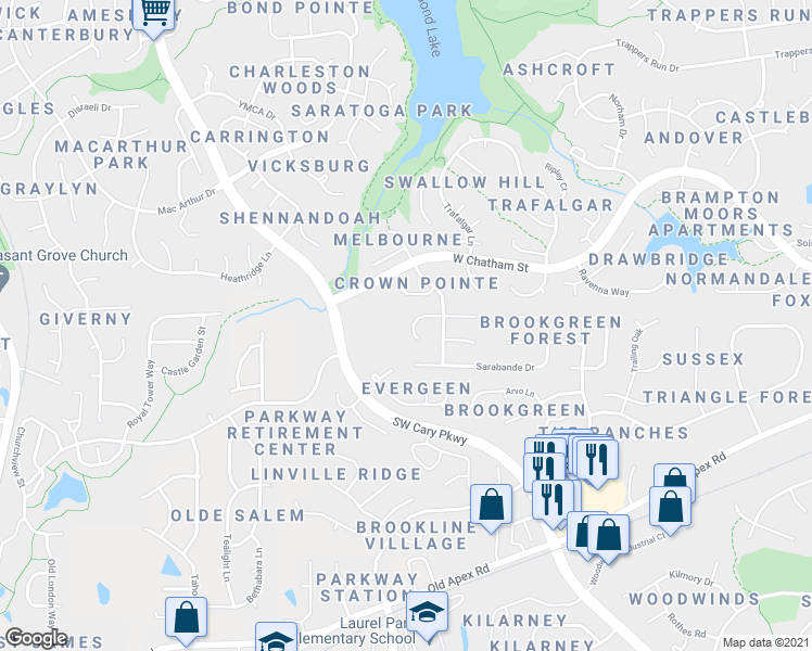 map of restaurants, bars, coffee shops, grocery stores, and more near 116 Cibola Drive in Cary