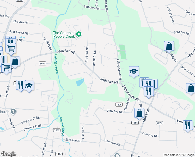 map of restaurants, bars, coffee shops, grocery stores, and more near 823 Wynnshire Drive in Hickory