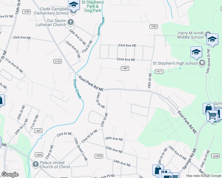 map of restaurants, bars, coffee shops, grocery stores, and more near 2518 Kool Park Road Northeast in Hickory