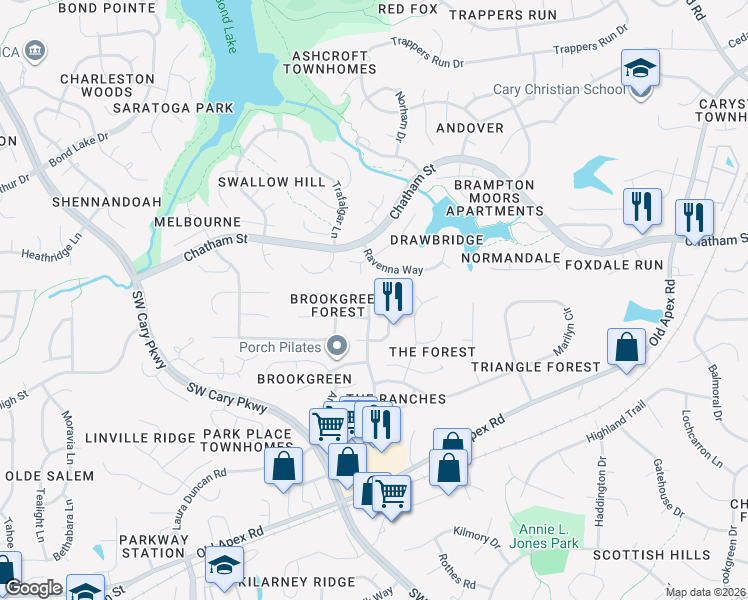 map of restaurants, bars, coffee shops, grocery stores, and more near 2912 Laura Duncan Road in Cary