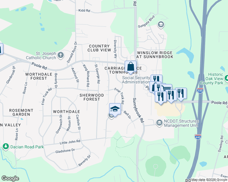 map of restaurants, bars, coffee shops, grocery stores, and more near 3200 Friar Tuck Road in Raleigh