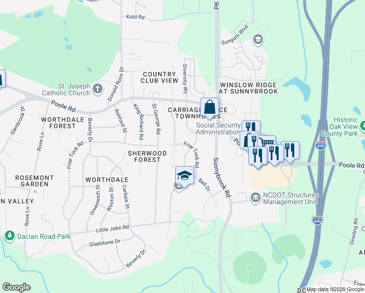 map of restaurants, bars, coffee shops, grocery stores, and more near 3200 Friar Tuck Road in Raleigh