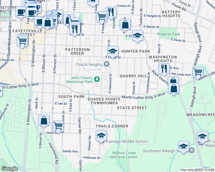 map of restaurants, bars, coffee shops, grocery stores, and more near 1031 South Haywood Street in Raleigh