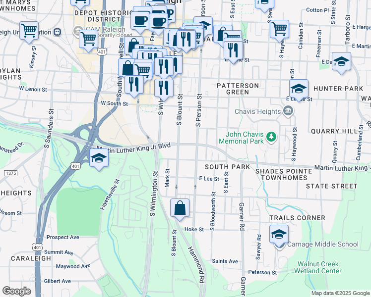 map of restaurants, bars, coffee shops, grocery stores, and more near 212 Martin Luther King Junior Boulevard in Raleigh