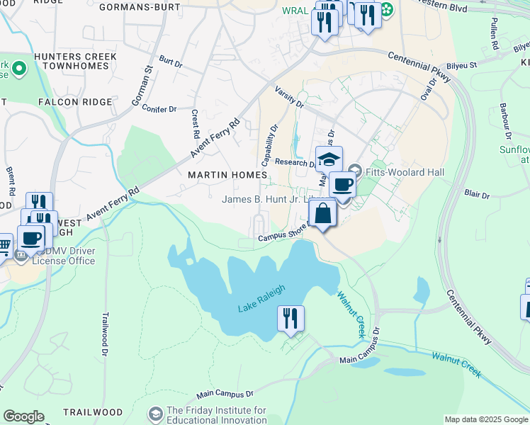map of restaurants, bars, coffee shops, grocery stores, and more near 1211 Twin Branches Way in Raleigh