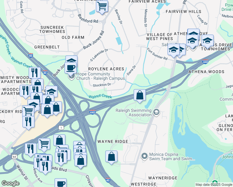 map of restaurants, bars, coffee shops, grocery stores, and more near 5405 Dana Drive in Raleigh