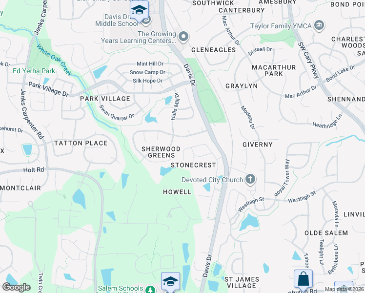 map of restaurants, bars, coffee shops, grocery stores, and more near 407 Halls Mill Drive in Cary