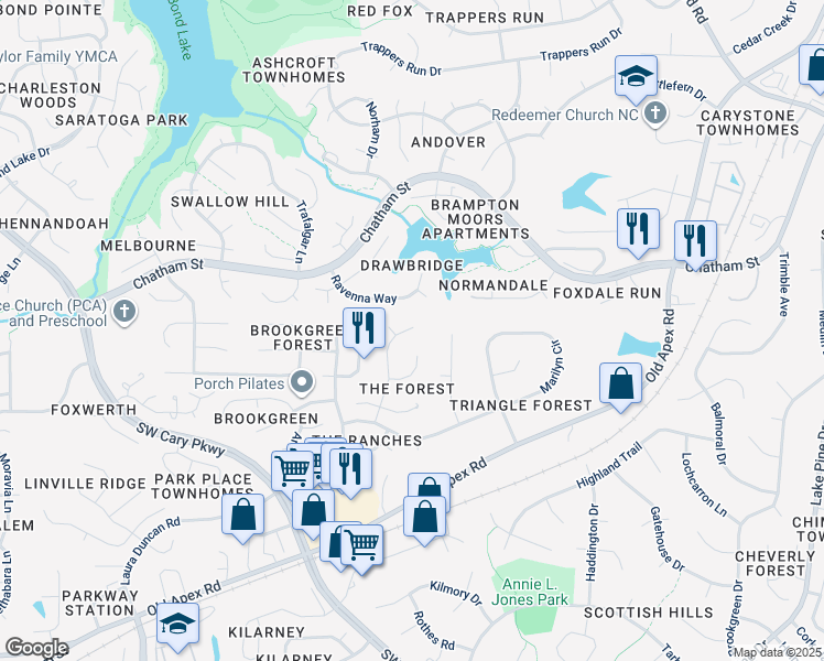 map of restaurants, bars, coffee shops, grocery stores, and more near 124 Trailing Oak in Cary