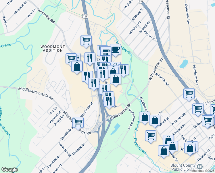 map of restaurants, bars, coffee shops, grocery stores, and more near Hamilton Crossing Drive in Alcoa