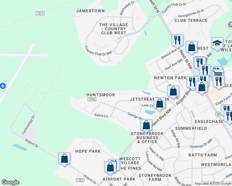 map of restaurants, bars, coffee shops, grocery stores, and more near 4107 Huntsmoor Lane in Wilson