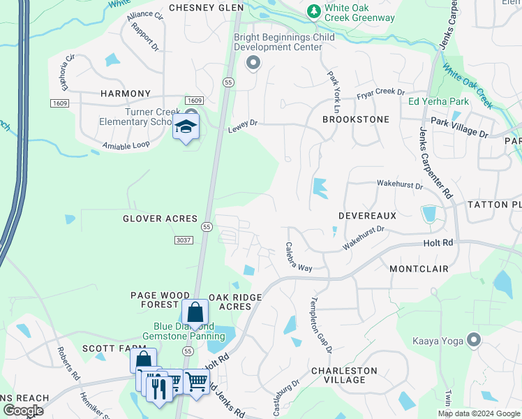 map of restaurants, bars, coffee shops, grocery stores, and more near 6709 Valley Woods Lane in Cary