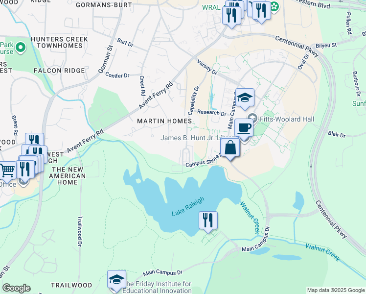 map of restaurants, bars, coffee shops, grocery stores, and more near 1200 Capability Drive in Raleigh