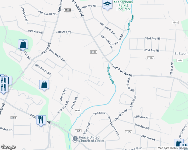 map of restaurants, bars, coffee shops, grocery stores, and more near 2135 31st Avenue Drive Northeast in Hickory