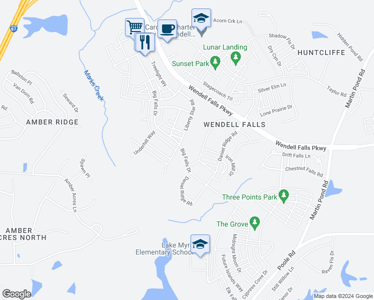 map of restaurants, bars, coffee shops, grocery stores, and more near 1816 Big Falls Drive in Wendell