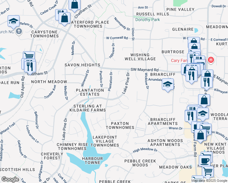 map of restaurants, bars, coffee shops, grocery stores, and more near 107 Angus Court in Cary