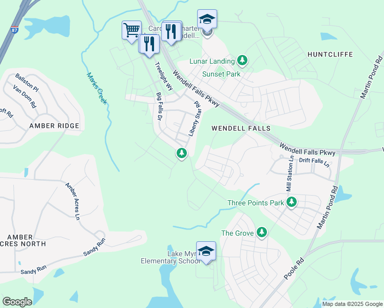 map of restaurants, bars, coffee shops, grocery stores, and more near 1816 Big Falls Drive in Wendell