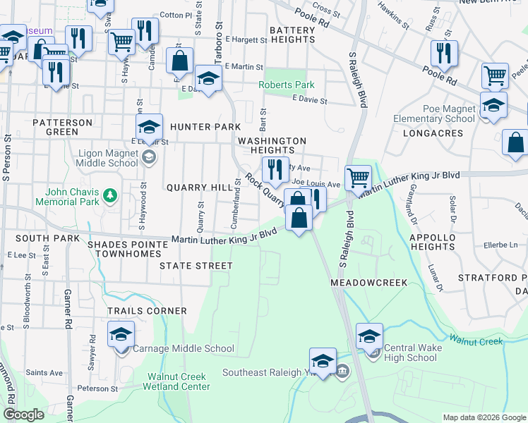 map of restaurants, bars, coffee shops, grocery stores, and more near 801 Vardaman Street in Raleigh