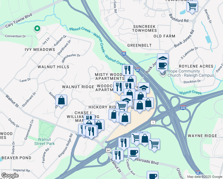 map of restaurants, bars, coffee shops, grocery stores, and more near 106 Darlena Court in Cary