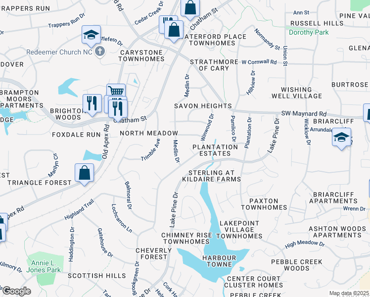 map of restaurants, bars, coffee shops, grocery stores, and more near 812 Oakley Court in Cary