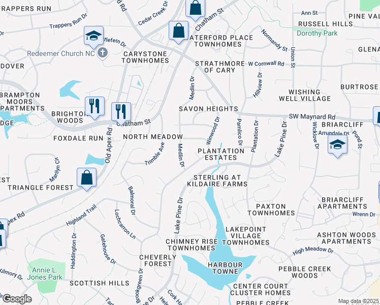 map of restaurants, bars, coffee shops, grocery stores, and more near 812 Oakley Court in Cary