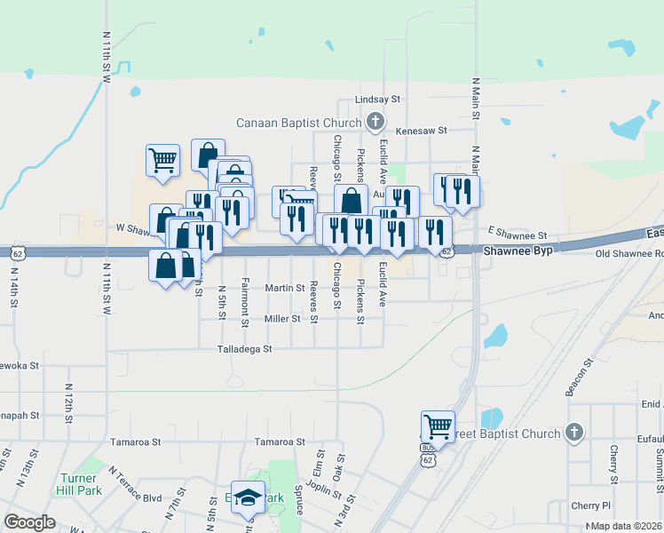 map of restaurants, bars, coffee shops, grocery stores, and more near 423 West Shawnee Street in Muskogee