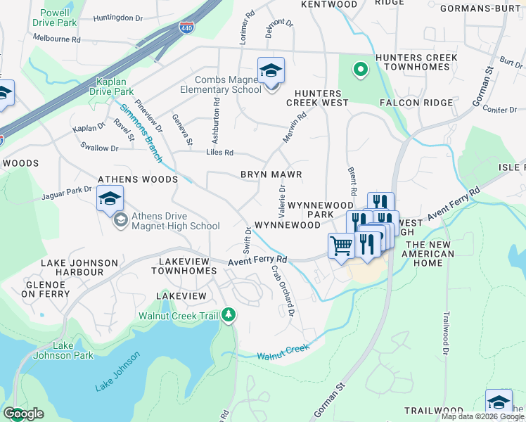 map of restaurants, bars, coffee shops, grocery stores, and more near 3505 Sloan Court in Raleigh