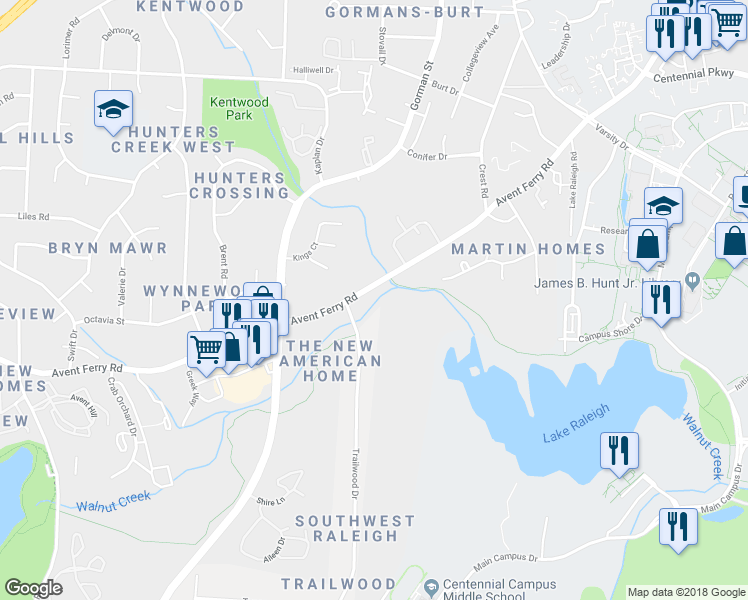 map of restaurants, bars, coffee shops, grocery stores, and more near 901 Trailwood Drive in Raleigh