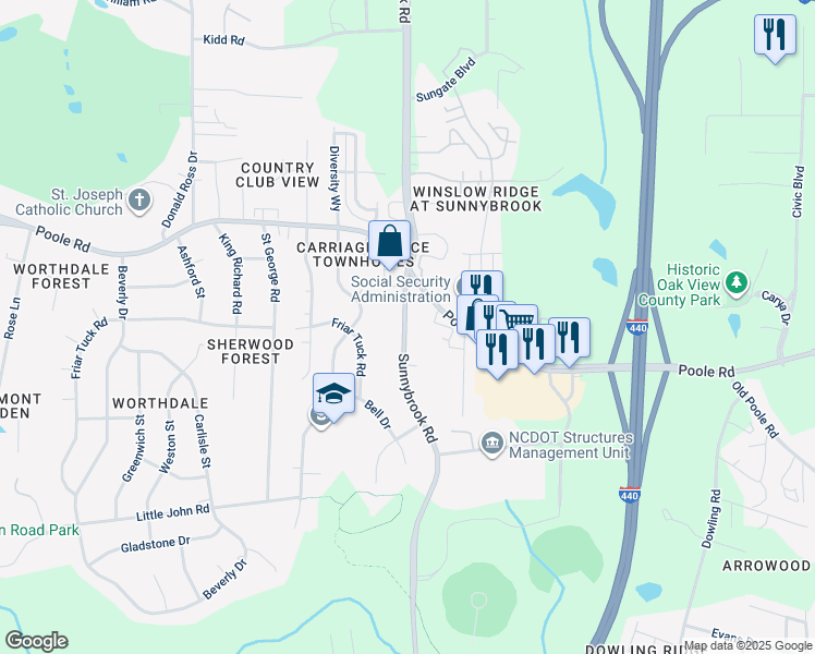 map of restaurants, bars, coffee shops, grocery stores, and more near 643 Sunnybrook Road in Raleigh