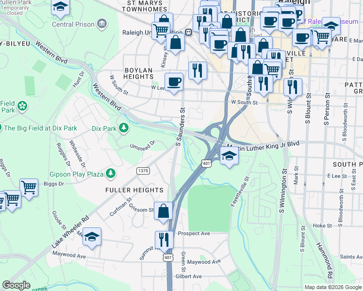 map of restaurants, bars, coffee shops, grocery stores, and more near 929 South Saunders Street in Raleigh