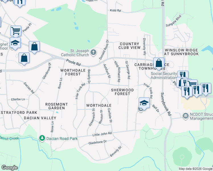 map of restaurants, bars, coffee shops, grocery stores, and more near 2826 Friar Tuck Road in Raleigh