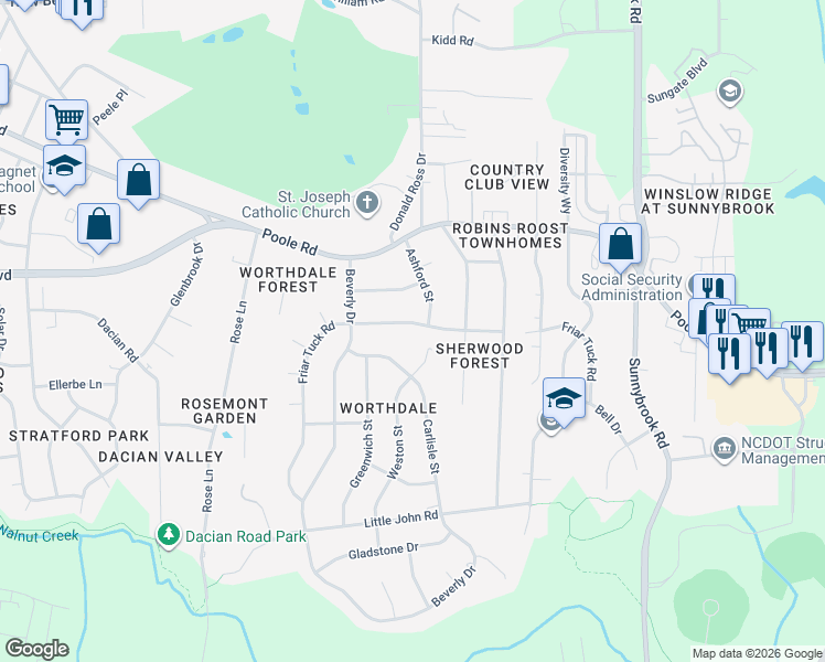map of restaurants, bars, coffee shops, grocery stores, and more near 2826 Friar Tuck Road in Raleigh