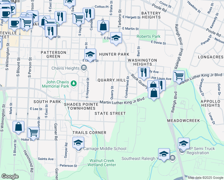 map of restaurants, bars, coffee shops, grocery stores, and more near 734 Quarry Street in Raleigh