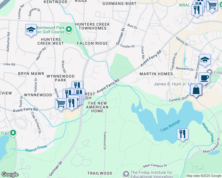 map of restaurants, bars, coffee shops, grocery stores, and more near 901 Trailwood Drive in Raleigh