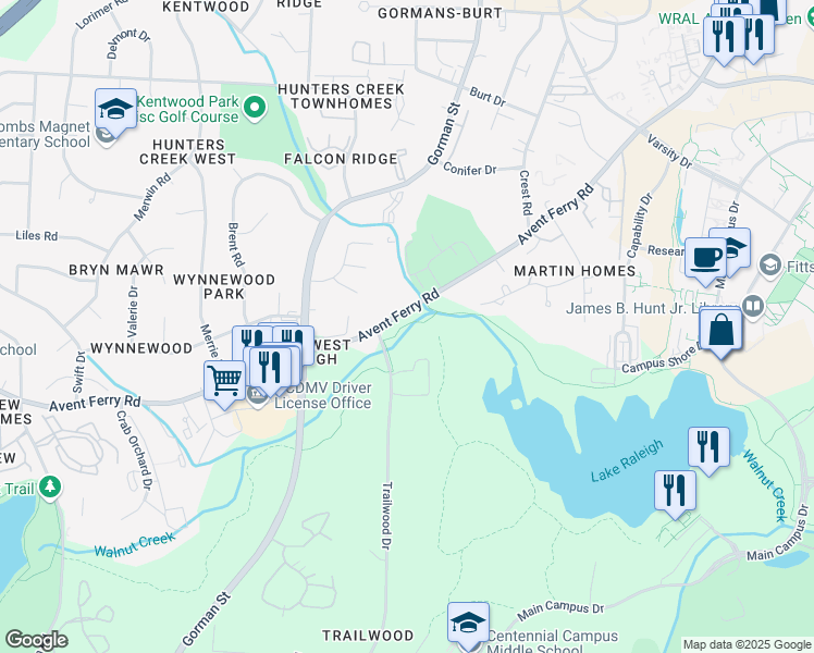map of restaurants, bars, coffee shops, grocery stores, and more near 901 Trailwood Drive in Raleigh