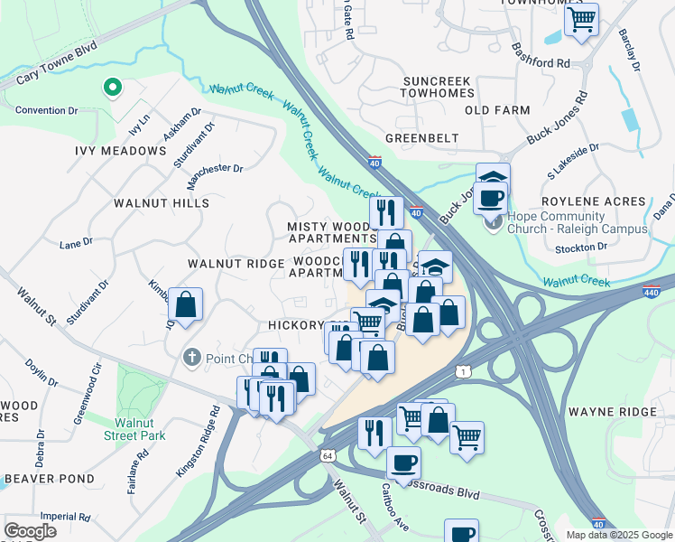 map of restaurants, bars, coffee shops, grocery stores, and more near 106 Darlena Court in Cary