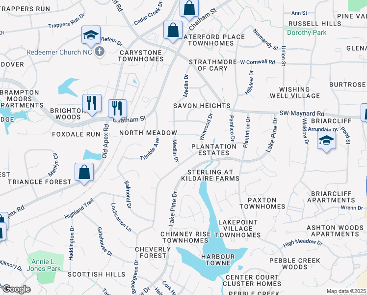 map of restaurants, bars, coffee shops, grocery stores, and more near 812 Oakley Court in Cary
