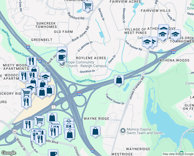 map of restaurants, bars, coffee shops, grocery stores, and more near 5425 Dana Drive in Raleigh