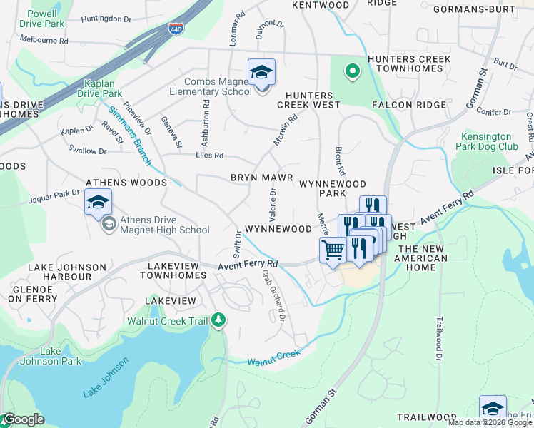 map of restaurants, bars, coffee shops, grocery stores, and more near 3505 Sloan Court in Raleigh