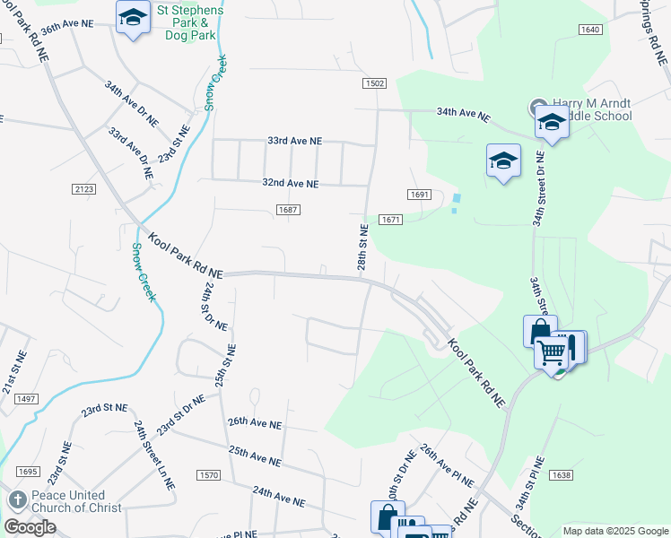 map of restaurants, bars, coffee shops, grocery stores, and more near 2741 Kool Park Road Northeast in Hickory