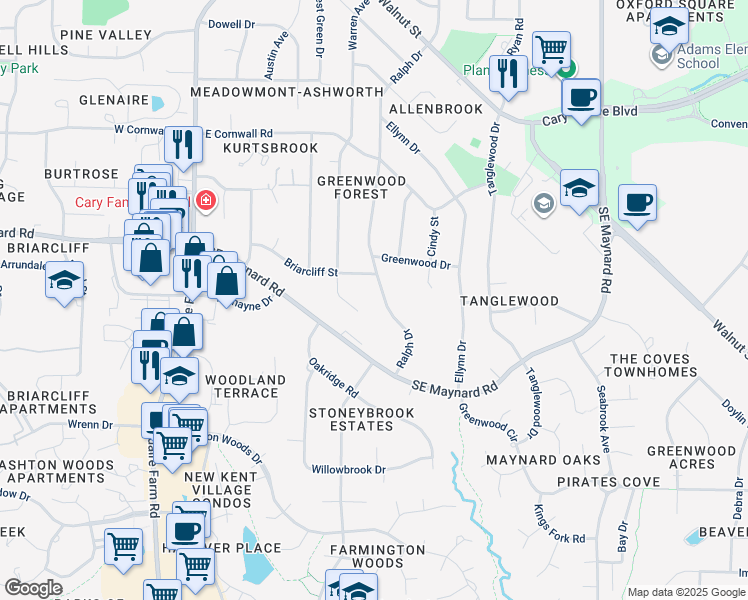 map of restaurants, bars, coffee shops, grocery stores, and more near 1104 Ralph Drive in Cary