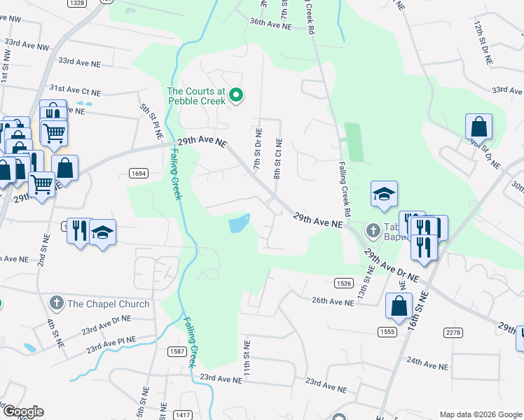 map of restaurants, bars, coffee shops, grocery stores, and more near 820 Wynnshire Drive in Hickory