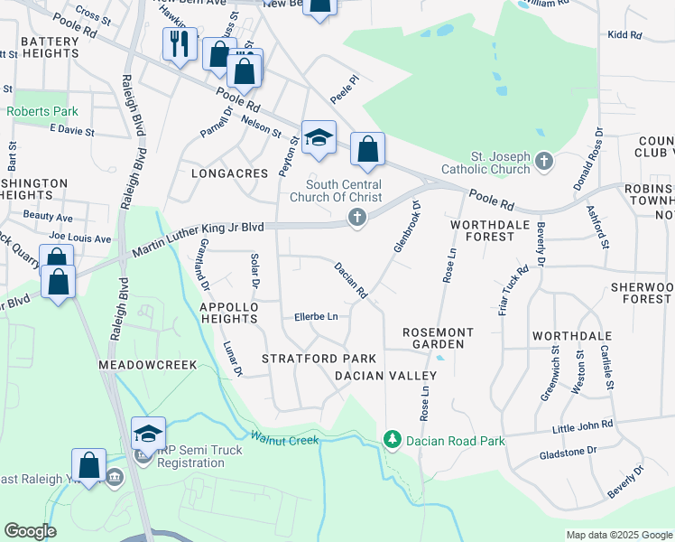 map of restaurants, bars, coffee shops, grocery stores, and more near 324 Dacian Road in Raleigh