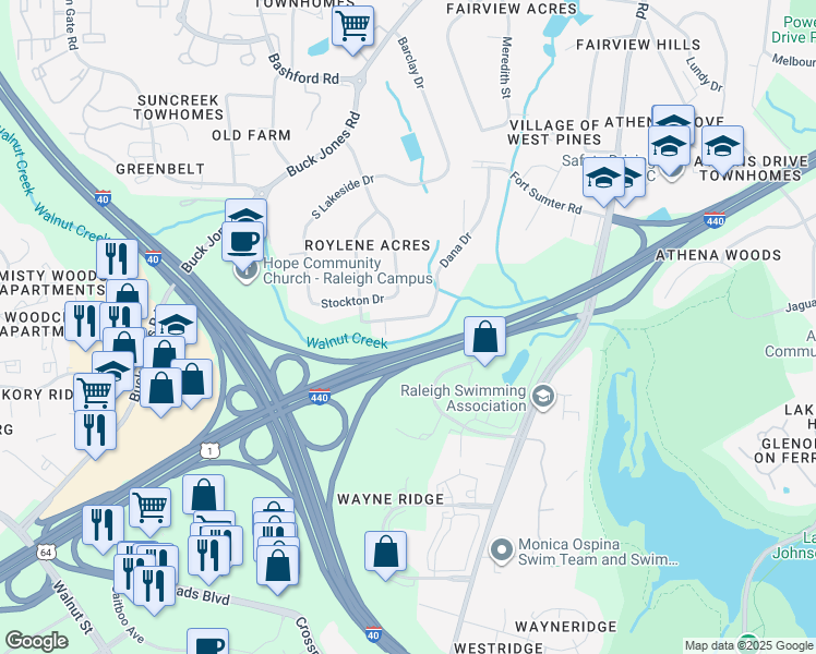 map of restaurants, bars, coffee shops, grocery stores, and more near 5405 Dana Drive in Raleigh