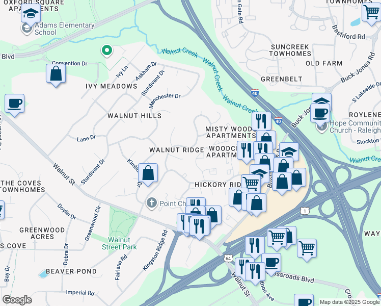map of restaurants, bars, coffee shops, grocery stores, and more near 208 Whitehall Way in Cary
