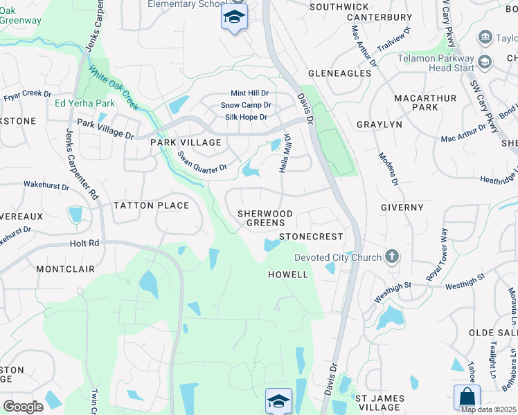 map of restaurants, bars, coffee shops, grocery stores, and more near 108 Blue Boar Court in Cary